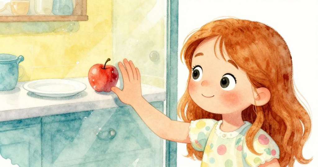 莉娜透過塵埃覆蓋的玻璃觀察廚房，手輕撫玻璃，獨自的白盤與紅蘋果彰顯神秘意涵，光線柔和。