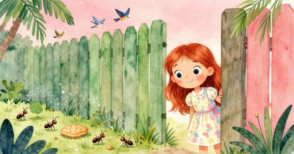 莉娜透過傾斜角度的狹縫眺望花園，蚂蚁圍繞著短餅忙碌，隱藏水噴出引起鳥兒驚飛，場景充滿動感。