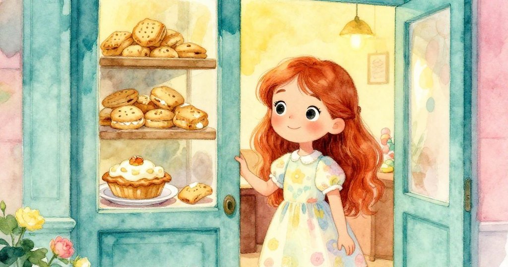莉娜站在一扇開放的門前，門內溫暖的光線映照著短餅架和蘋果派，她謹慎地觀察秘密店內的溫馨細節。