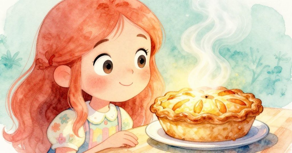 莉娜驚喜凝視著蒸氣袅袅上升的蘋果派，面部表情充滿驚奇與喜悅，溫暖光線映襯出店內美食氣息。
