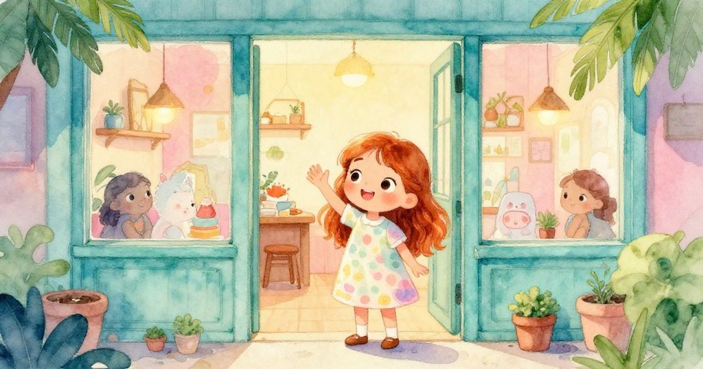 莉娜在店門口微笑揮手告別，溫暖光線漸退，她懷著滿足與期待，離開充滿驚喜的溫馨冒險場景。