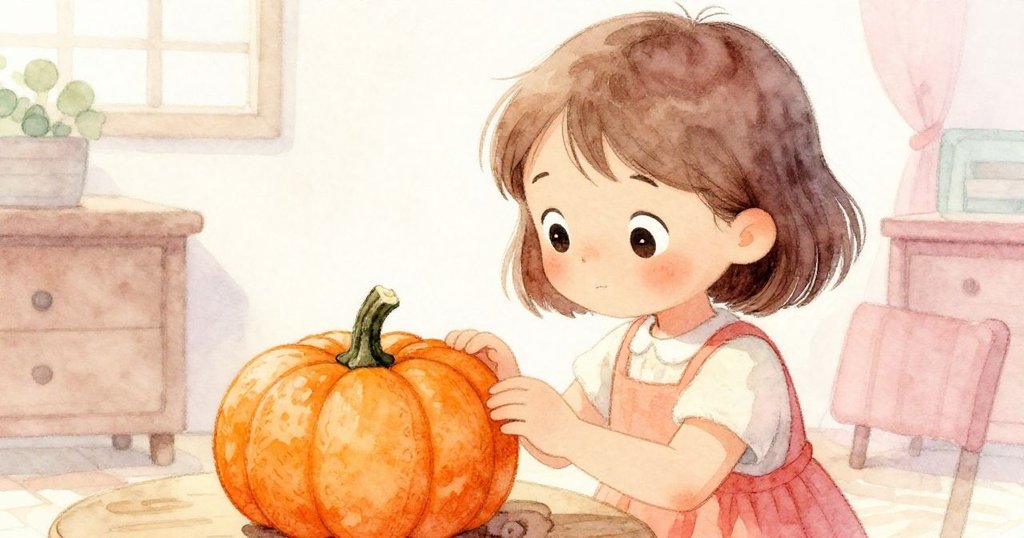 麗娜輕觸桌上小南瓜，細看橙色表皮細紋，眼神充滿好奇，展現探索秘密的柔情時刻。