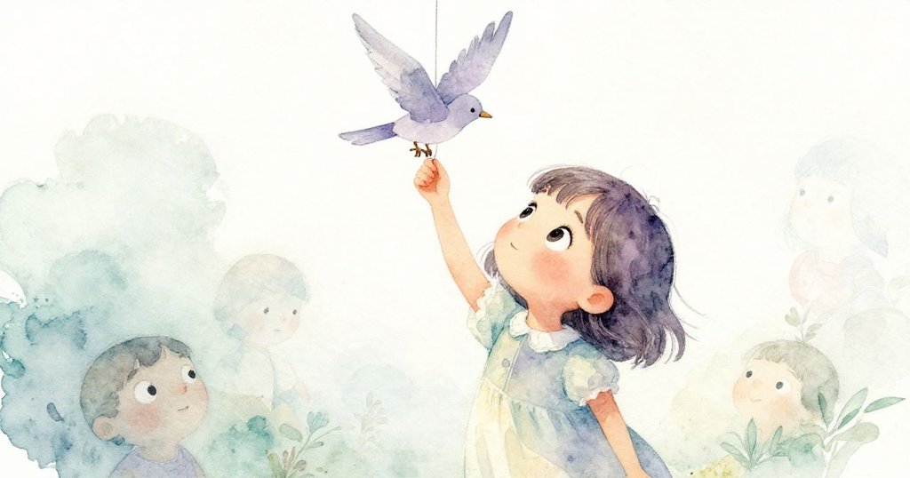 從高處俯視麗娜伸手舉起紙鳥，臉上洋溢著歡樂，細線在柔光下舞動，充滿童趣與輕盈感。