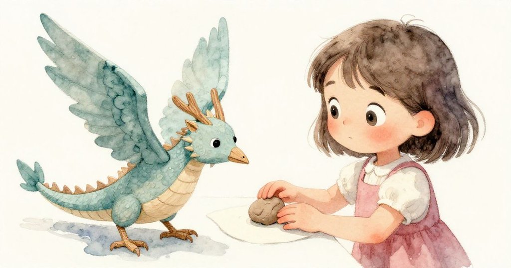 麗娜驚奇中輕按軟黏土於紙鳥翅上，木龍微微傾斜，白紙與黏土交融，展現出創意探索的動人瞬間。