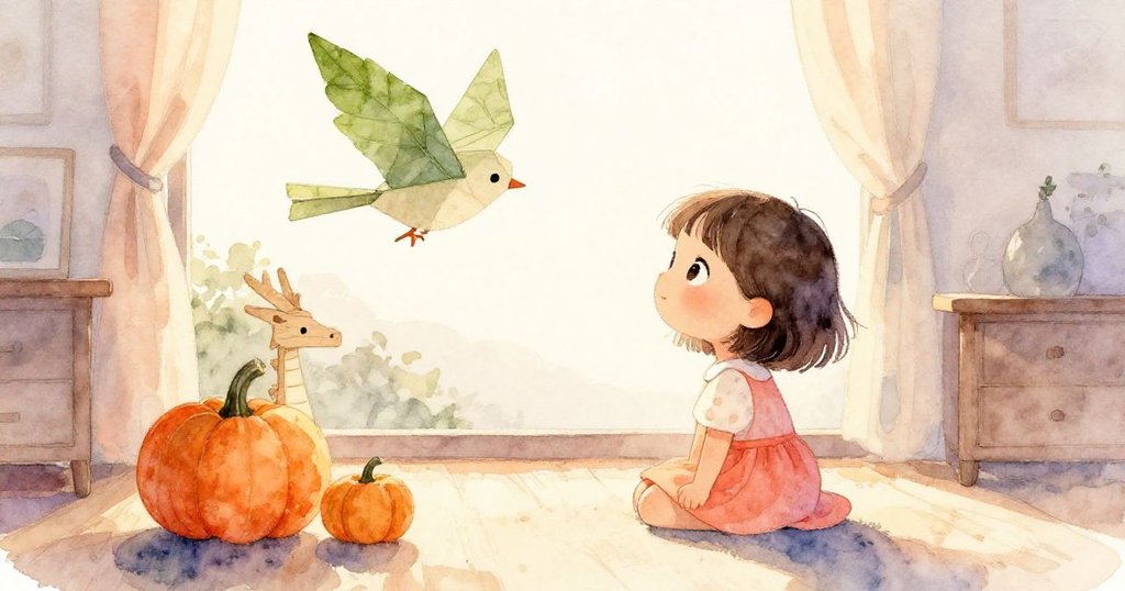 夕陽餘暉中，紙鳥掛著脆綠葉靜懸於南瓜與木龍之上，麗娜滿懷滿足注視，室內瀰漫寧靜與溫暖。