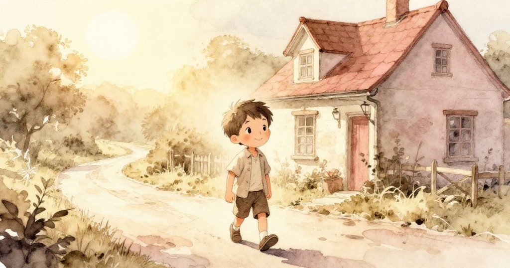 本正沿著陽光普照的小徑散步，背景出現靜謐老屋，充滿溫暖懷舊氛圍，神情充滿期待與好奇。