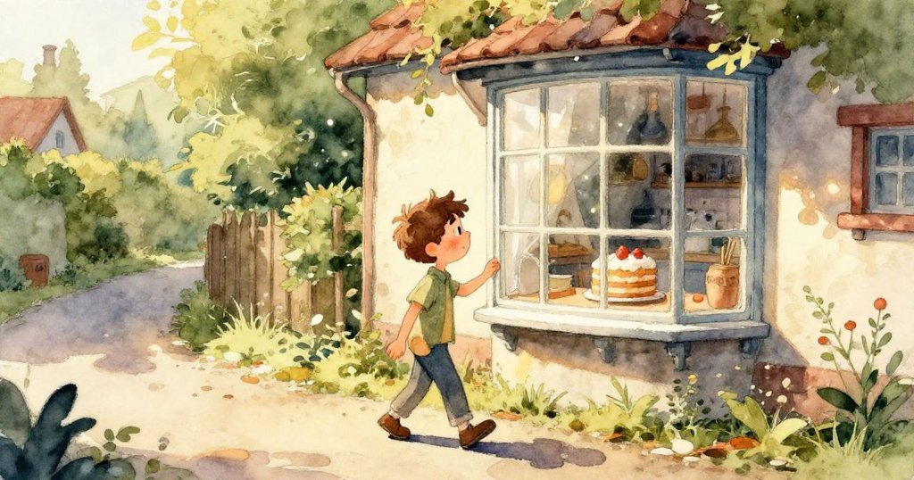 本正伸出手輕觸低窗邊，細膩光影映照他好奇又溫柔的感受，窗框及背景略帶古樸情調。