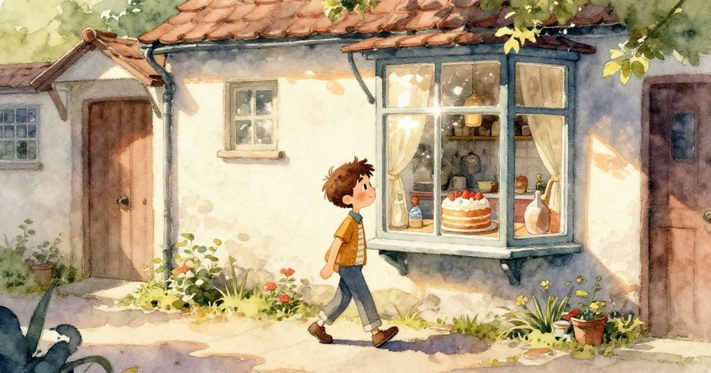 本正從窗旁向內望去，看到溫馨廚房內桌上放著缺了一片的圓形蛋糕，神情充滿好奇與愉悅。