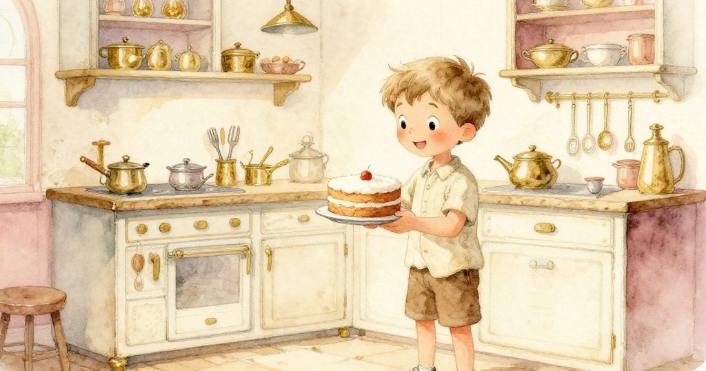 本正進入溫馨廚房，細看桌上精美圓形蛋糕與古舊廚具，光線柔和，臉上顯露驚喜與探索之情。
