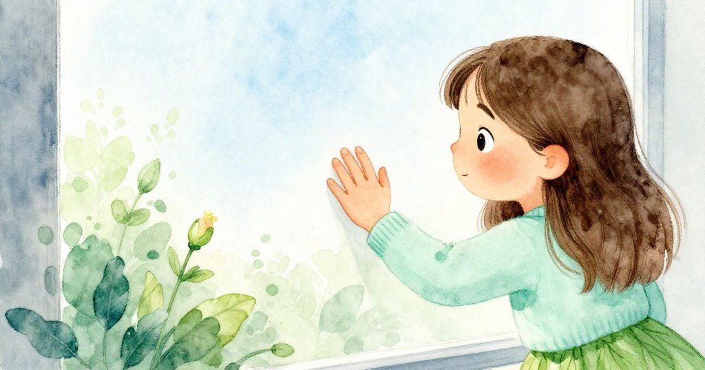 Mia 輕觸窗戶玻璃，眼神專注看向隱藏花苞，細膩手部與花朵展現神秘感