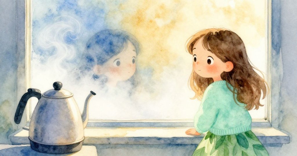 Mia 靜看霧氣瀰漫的窗戶，她的臉龐在迷霧中若隱若現，充滿驚奇與思索