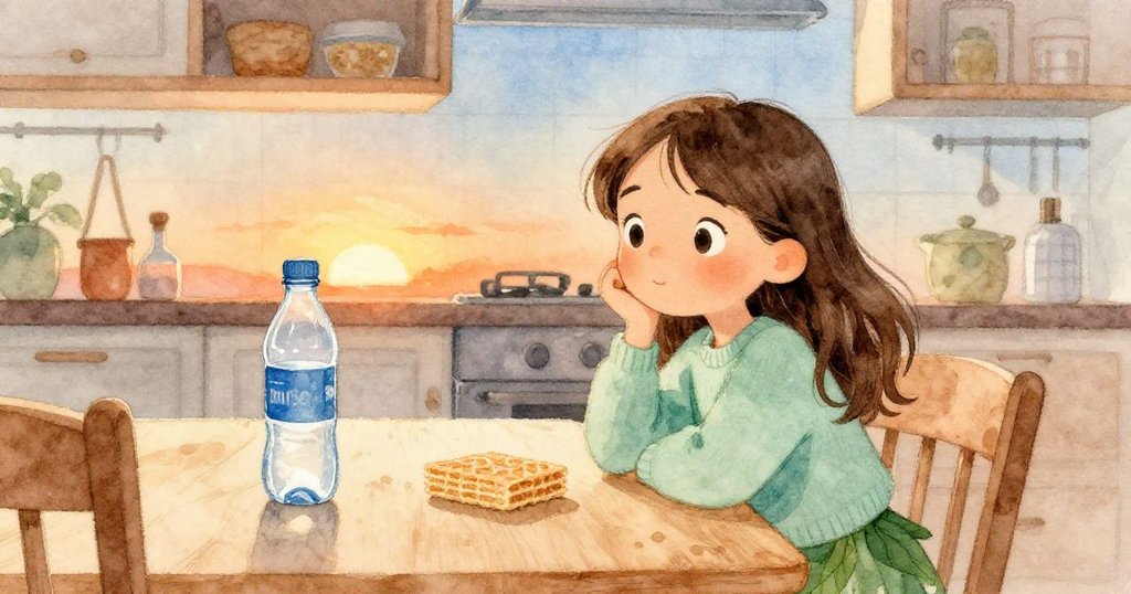 Mia 望向桌上物品，明亮燈光下瓶中水波蕩漾與餅乾細節鮮明，心懷好奇