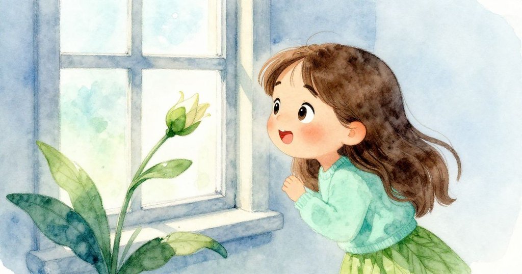 Mia 回眸望向窗外，驚喜見花苞一瓣微啟，自然細語中流露愉悅情感