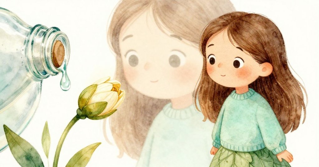 Mia 靜賞瓶上水滴與花苞微變，細膩神情中映照自然禮贈，情感溫柔流露