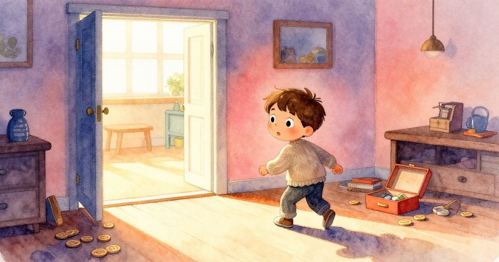 米洛透過溫暖光芒走進明亮的房間,滿懷期待探索散落木牌與小盒子,場景展現家庭舒適與開啟冒險的起點。