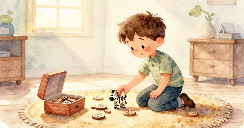 米洛專注伸手拾起斑馬木牌,黑白條紋細節清晰,展現他有序整理寶物的專注與好奇心。