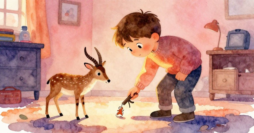 米洛從低角度展現堅定神情,彎腰拾起精緻羚羊木牌,畫面充滿童趣與探索新發現的決心。