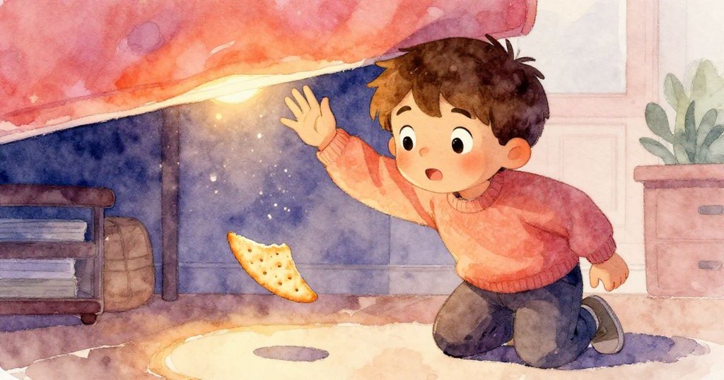 米洛彎腰伸手從墊邊撈取滑落薄餅,細心而專注,如同發現隱藏秘密般展現溫柔與驚喜。