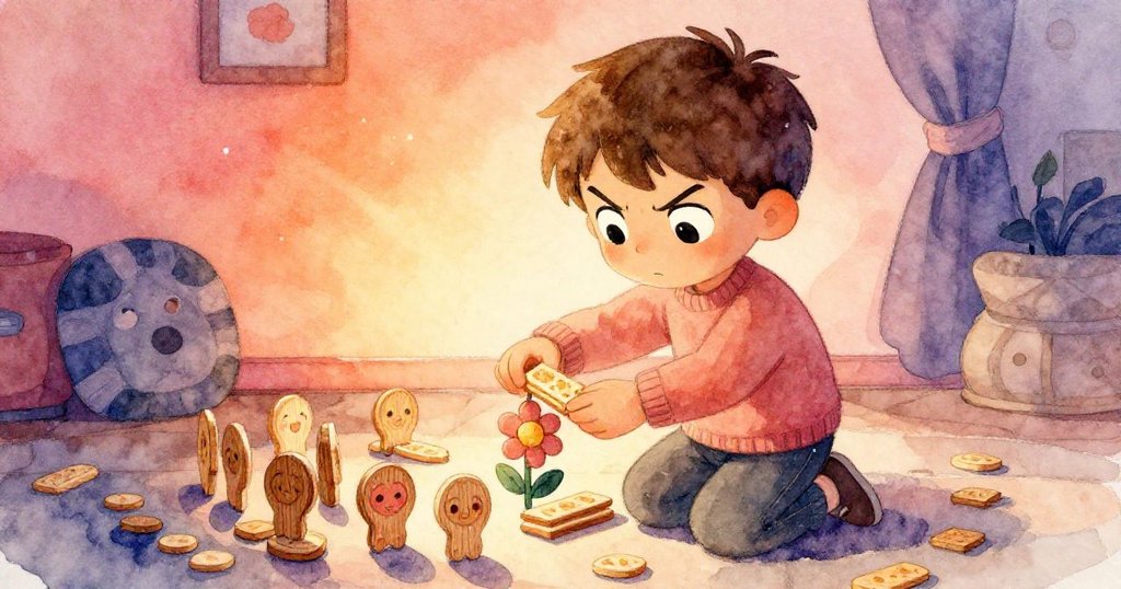 米洛神情凝重,專注拉直薄餅,周圍木牌整齊排列,氣氛充滿懸念與轉變前的緊張期待。