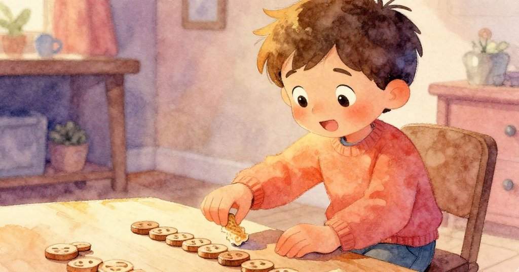 米洛輕柔安放修整好的薄餅於木牌之間,臉上滿溢喜悅與滿足,展現了任務完成的溫馨結局。