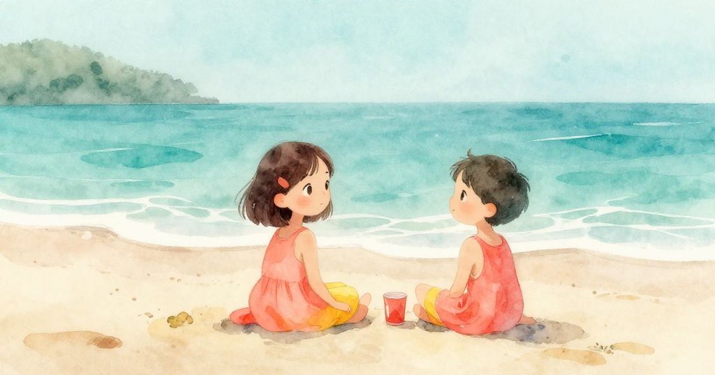 莉娜坐在晨霧籠罩的金色沙灘上,紅杯靜躺旁邊,臉上滿是期待,背景是緩拍的海浪和溫柔晨光。