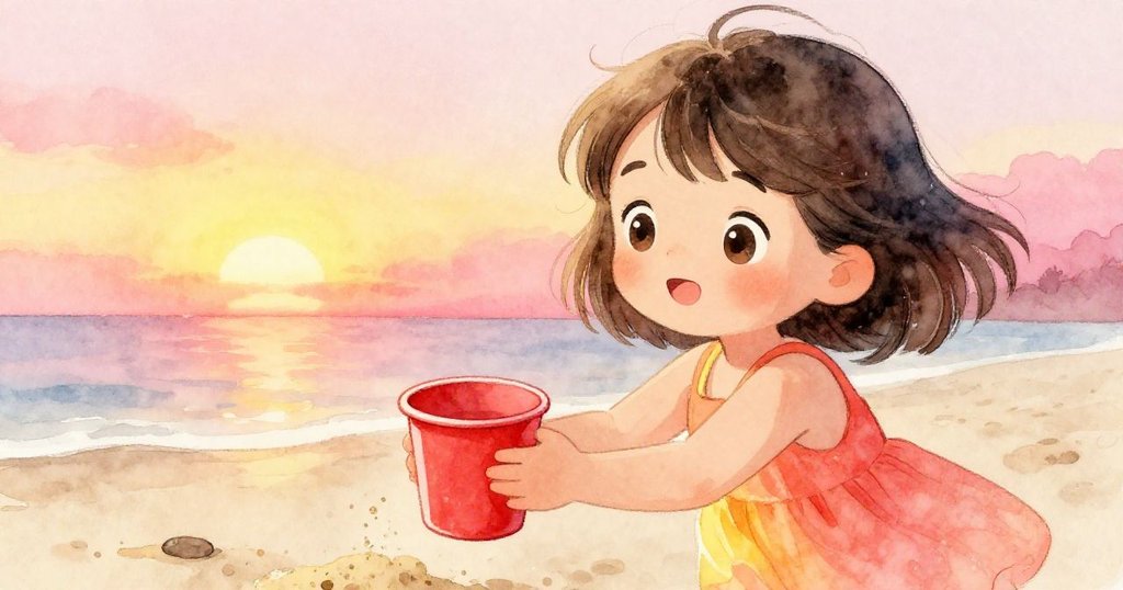 莉娜聚精會神舀沙,臉上展現出好奇與喜悅,紅杯在手,背景隱約顯示柔和沙灘和海景。
