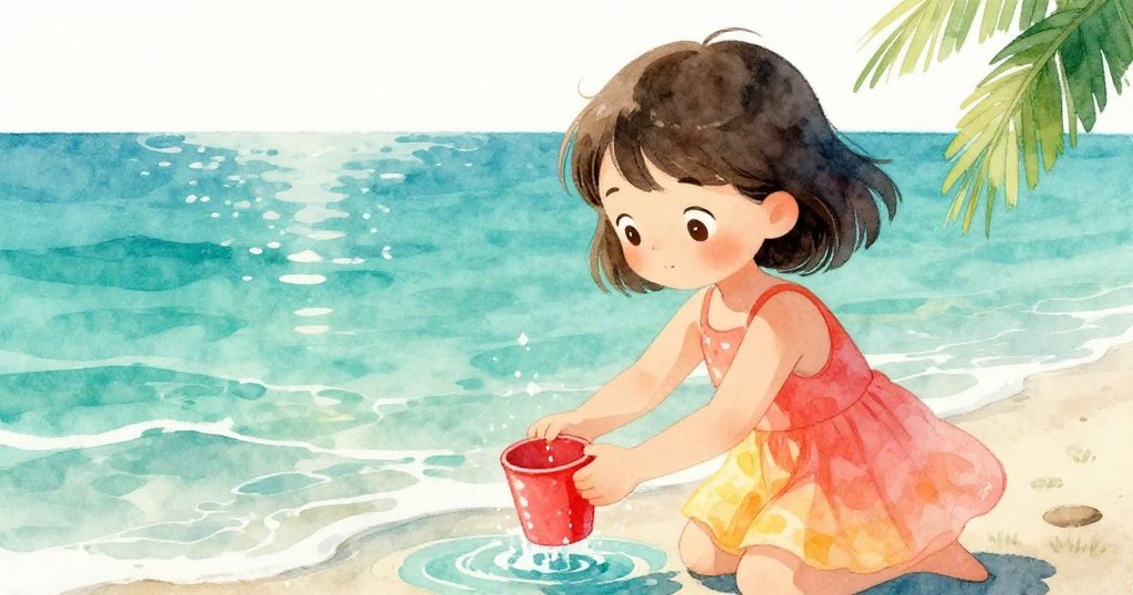 莉娜在近海沙灘邊用紅杯盛水,海浪輕拍腳踝,水面反射著柔光,她流露出思考與驚奇的神情。