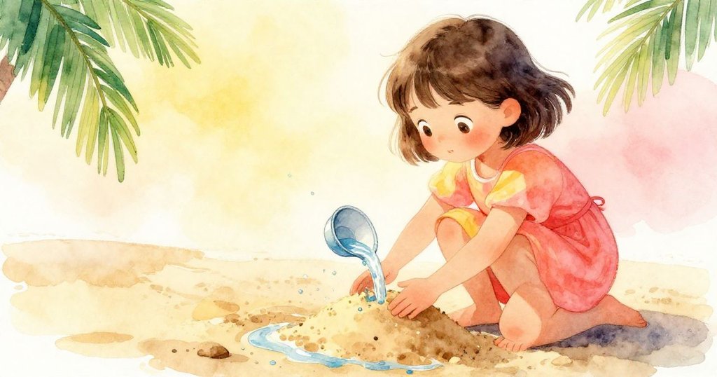 莉娜小心翼翼地將海水倒在沙堆上並輕拍濕沙,動作專注柔和,陽光灑滿沙灘,散發出溫暖希望的光芒。