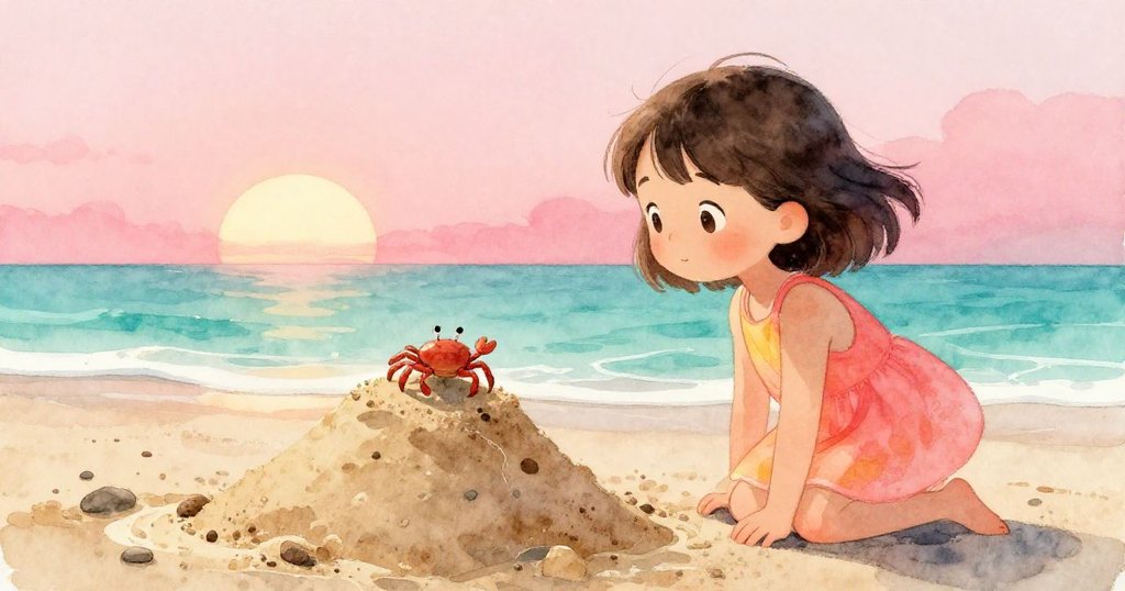 莉娜在沙山旁注視小蟹攀爬,神情充滿驚喜與好奇,夕陽柔光拂過沙灘和小蟹,呈現生動的自然場景。