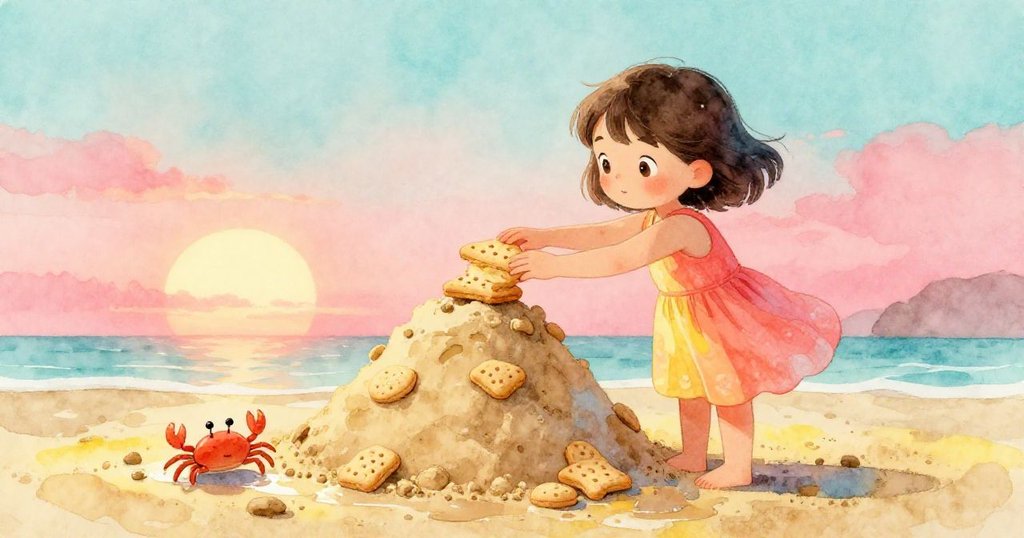 莉娜將短麥餅輕放在濕沙山頂,小蟹靜立旁邊,夕陽柔光映照下,沙山穩固美麗,象徵著成果與溫暖完結。