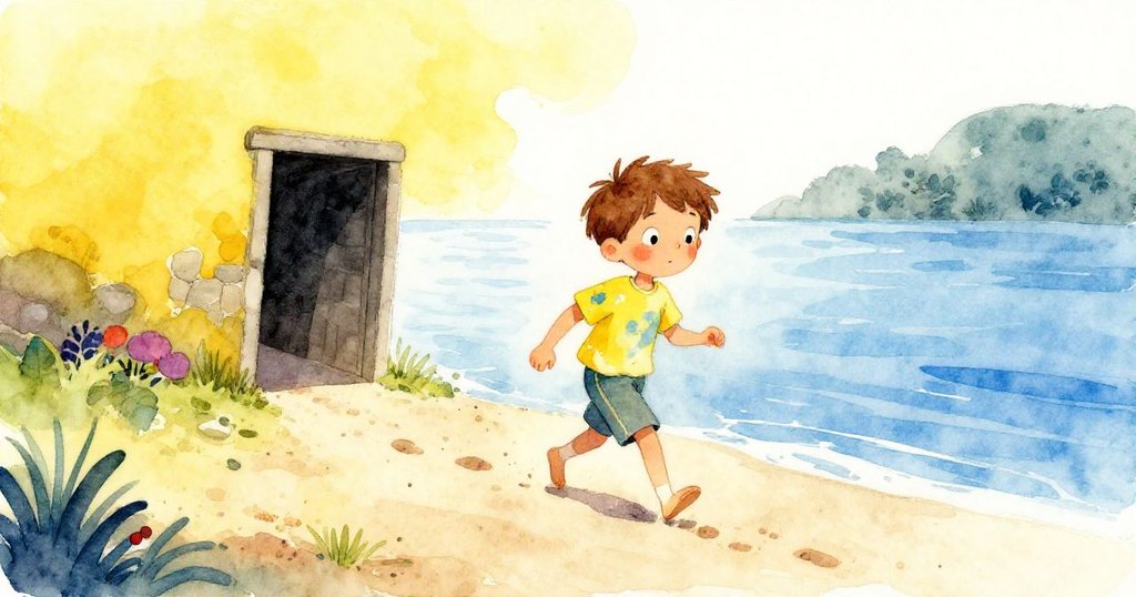 本勇在河邊踏入探險之旅,輕快腳步迎接晨光與足跡,展現興奮與好奇的表情。