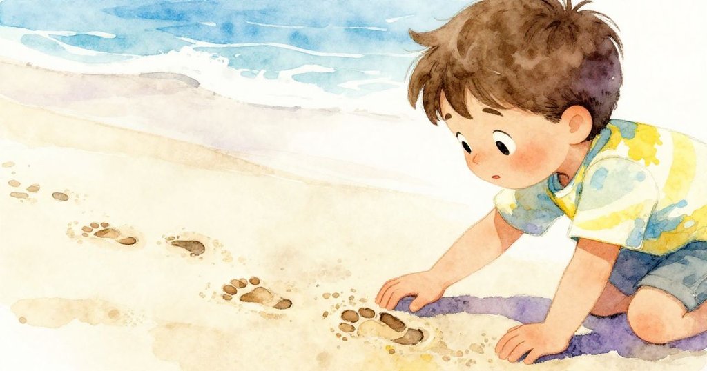 本勇伸手細看沙上鴨足跡,光線明亮突顯細膩紋理,充滿專注與探索好奇心。