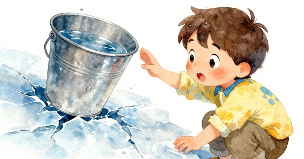 本勇專注觀察河邊破裂冰層和閃爍水滴的金屬水桶,斜視構圖彰顯驚奇與細膩觀察精神。