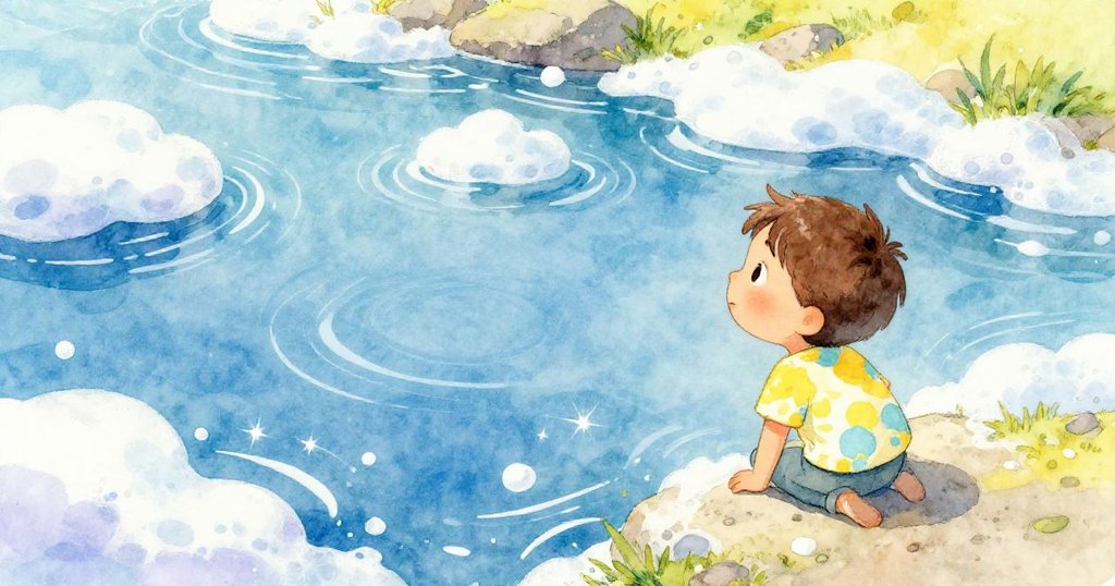 本勇站在高處俯瞰河面,觀察泡沫隨漣漪舞動,眼中滿是驚喜與敬畏,場景充滿動感。