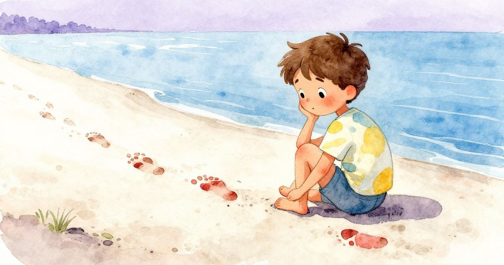 本勇凝視逐漸消失的沙上足跡,臉上呈現深思神情,在光影交錯中做出探索新路的決定。