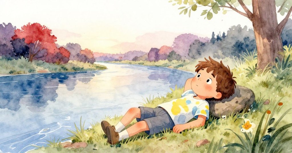 本勇在黃昏河畔安然歇息,臉上流露平靜與滿足,柔和光影中結束了一天充滿探險的旅程。