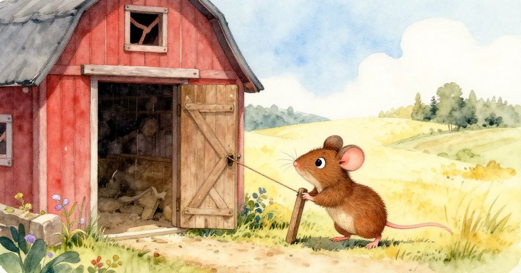 布朗尼在陽光普照的穀倉外拔起木釘，背景鄉村風光廣闊，神情中流露出期待與冒險。