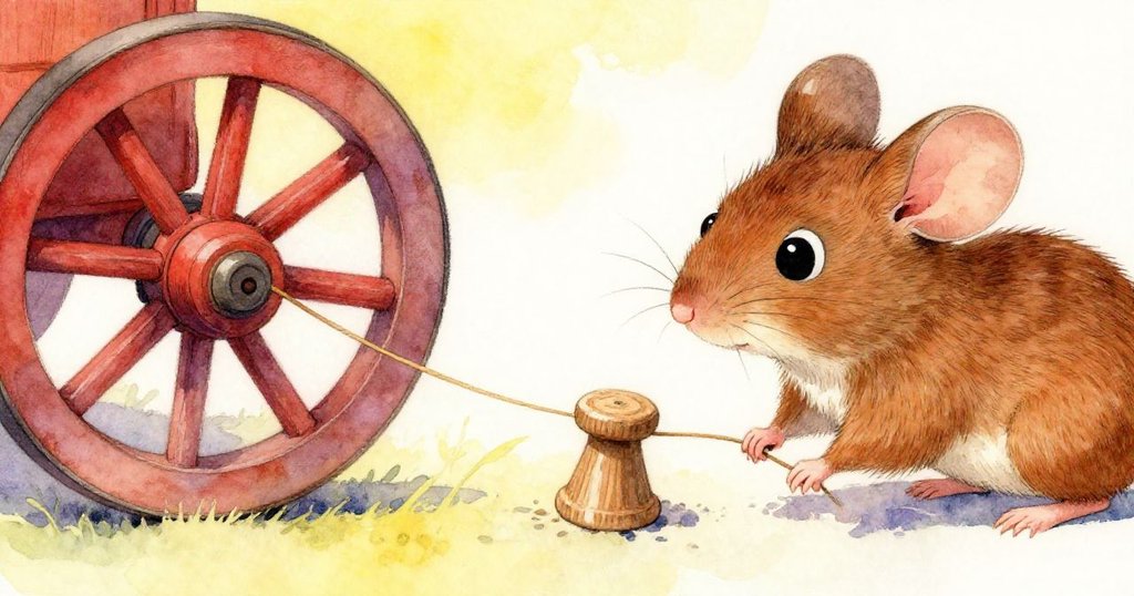 布朗尼專注拉動木釘，木釘滑脫輕觸老車輪，細節明顯呈現動感與暖色質感。