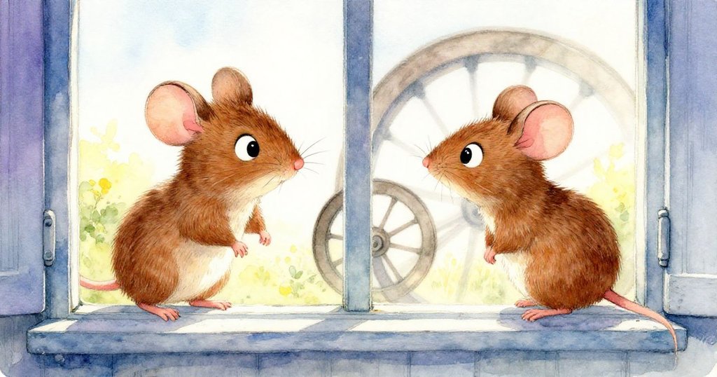 透過穀倉窗戶映出布朗尼與小伙伴細看滾動車輪，兩隻鼠眼神中流露好奇與期待。