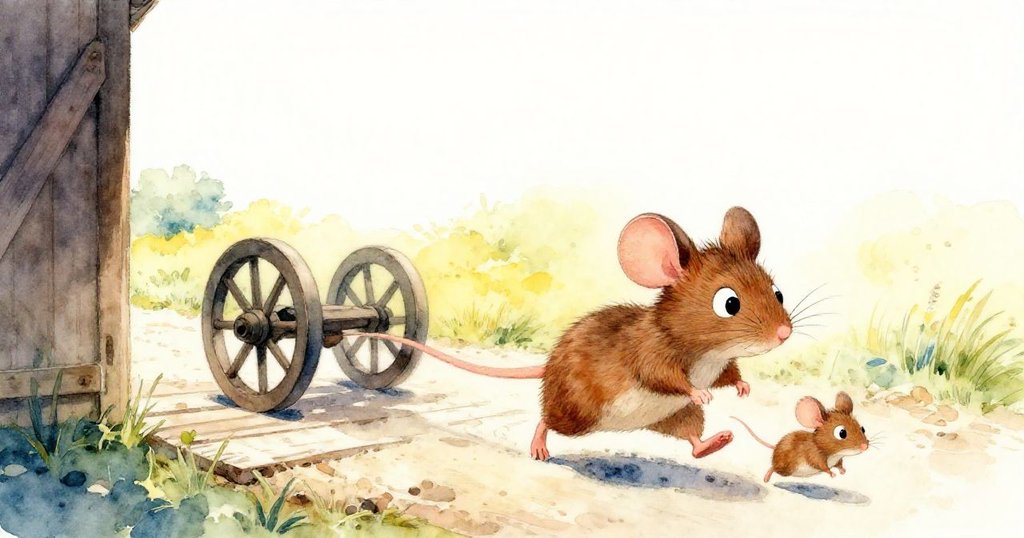 陽光下車輪自穀倉門外疾滾，布朗尼與小伙伴在塵土飛揚的戶外路面上追趕，充滿活力。