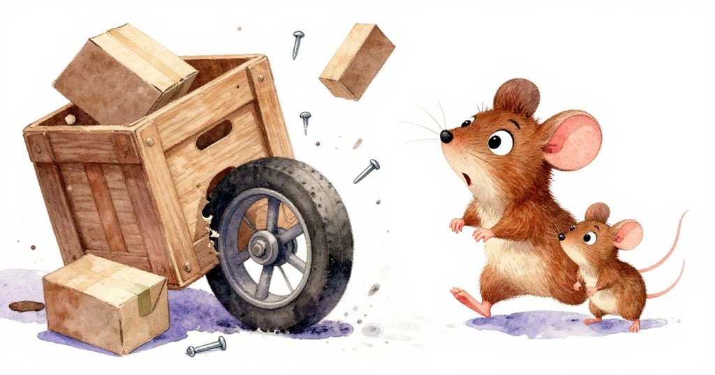 車輪撞擊木箱，盒與釘子隨之飛散，布朗尼與小伙伴驚訝應對混亂場面，畫面動感十足。