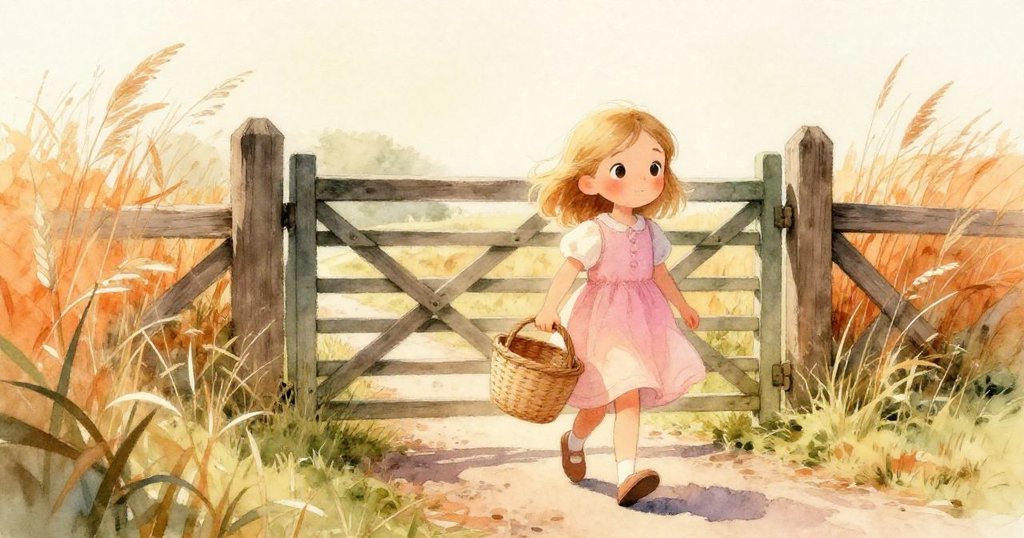 莉莉手持編織籃走向鄉村木門，晨光下高草搖曳，流露期待與好奇，展現冒險開端。