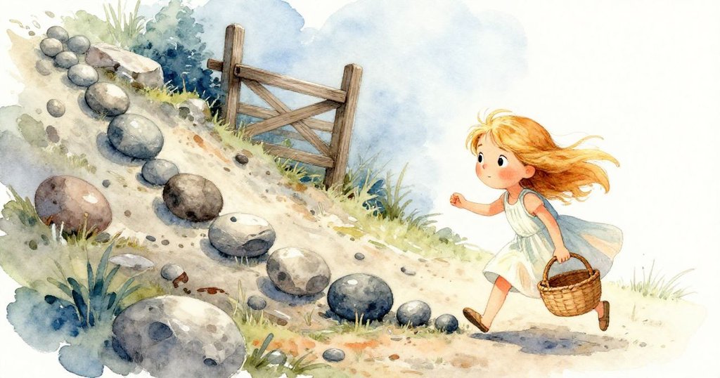 隨著木樑偏移，小石堆被觸動，碎石沿坡滾落輕觸灌木，呈現出自然間動感連鎖反應。