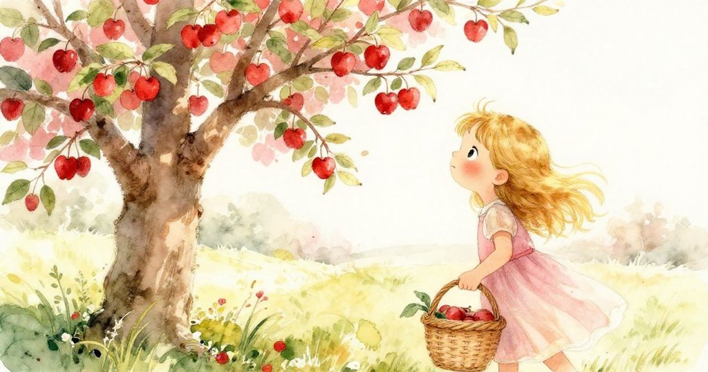 莉莉走向盛開蘋果樹，樹枝上點綴紅果，晨光映照下充滿生機與希望。