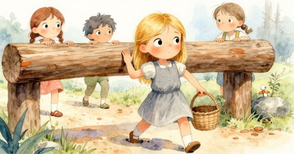 莉莉用雙手努力推動阻擋之木樑，臉上透露堅定與好奇，生動呈現挑戰與努力的瞬間。