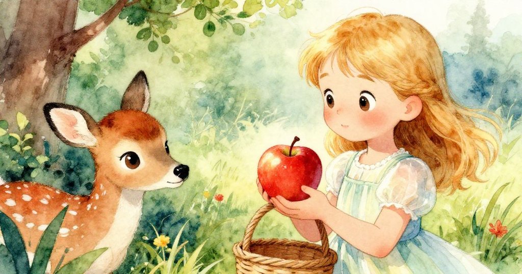 莉莉從蘋果樹上摘下紅蘋果，小鹿靜靜觀望，呈現自然禮物與人心交流的溫柔瞬間。