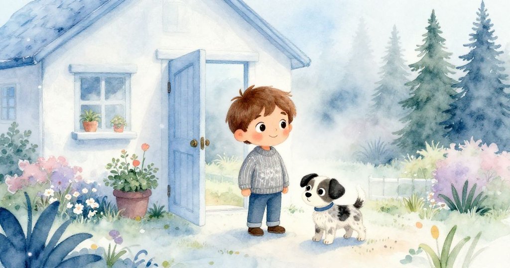 Liam和Patch在家門口，晨霧輕拂花園，環境溫馨開啟故事序幕，充滿期待與安穩感