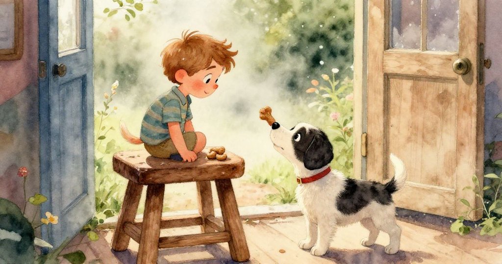 Liam的手細心地在木凳上放置狗零食，細節豐富，室內光線柔和，呈現故事發展初步