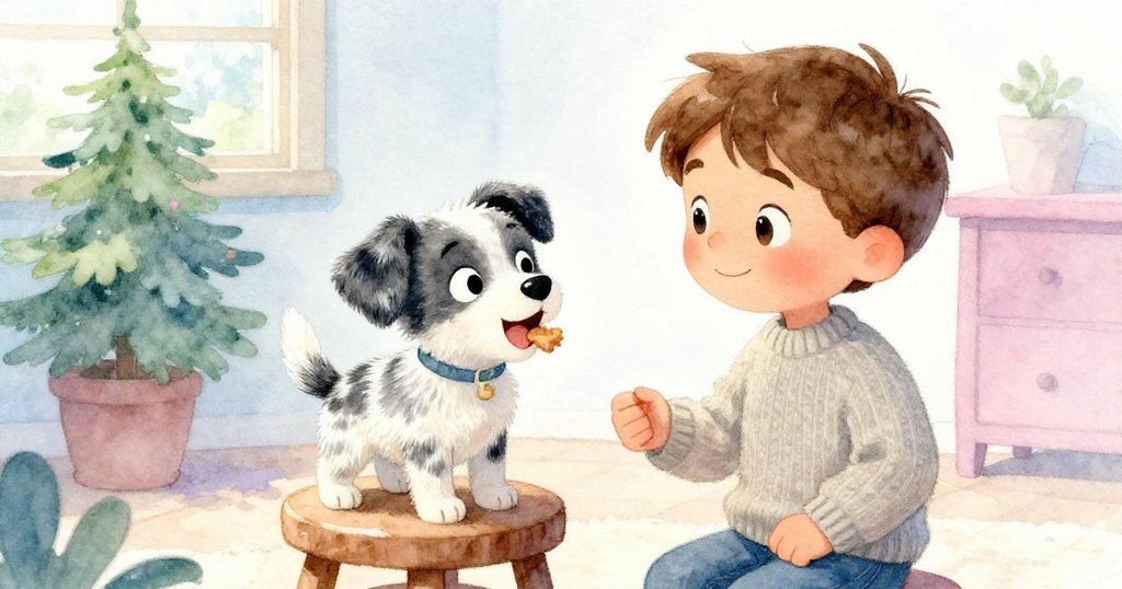 從Liam背後看見Patch興奮地接近木凳上的狗零食，眼神充滿期待，室內外光影交融，故事逐步發展