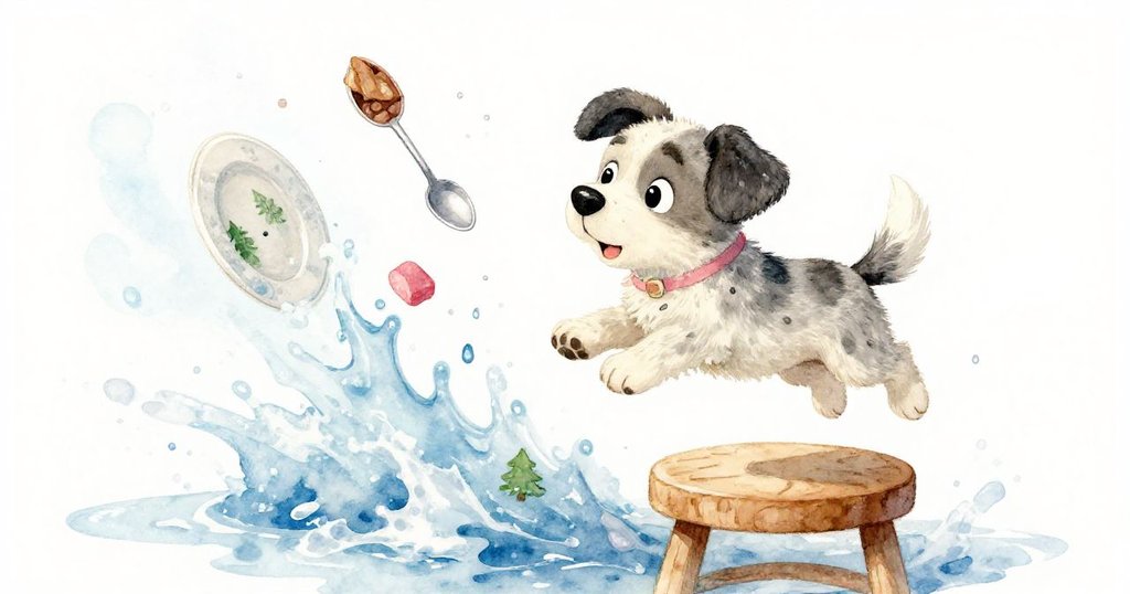 Patch興奮跳躍中不慎撞到木凳，狗零食、盤子和金屬湯匙產生滑稽連鎖反應，場景生動有趣